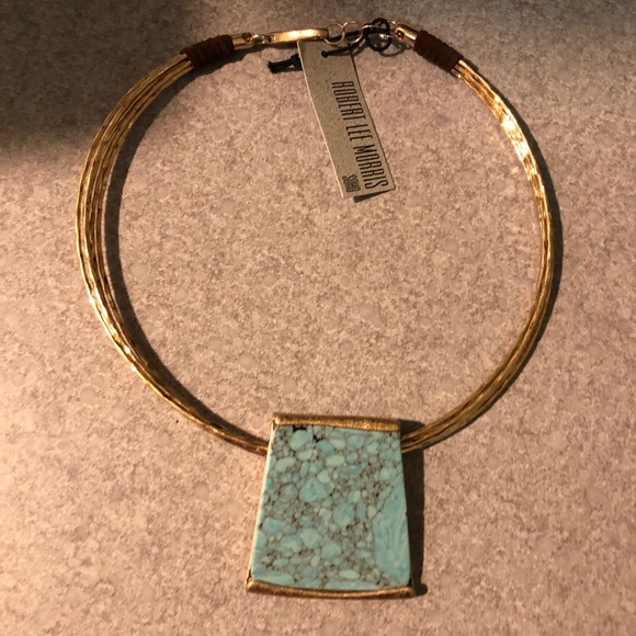 Robert Lee Morris Gold Tone Wire Collar Necklace Geometric Turquoise Pendant NWT - Picture 12 of 12